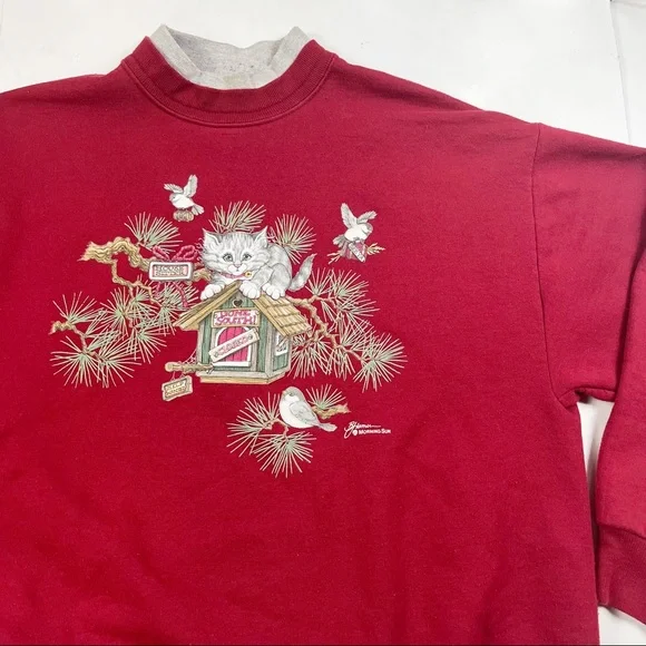 Vintage Cat Sweatshirt size Large Birds Nature Red Pullover - Picture 4 of 10